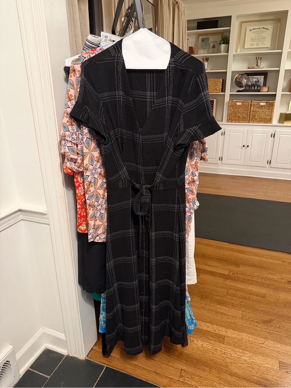 LOFT Black Windowpane Wrap Maxi Dress with Tie Waist